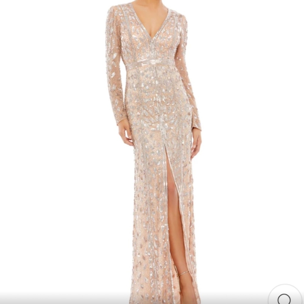 Mac Duggal Embellished Front Slit Long Sleeve Dress Rose Gold Gown Size 12